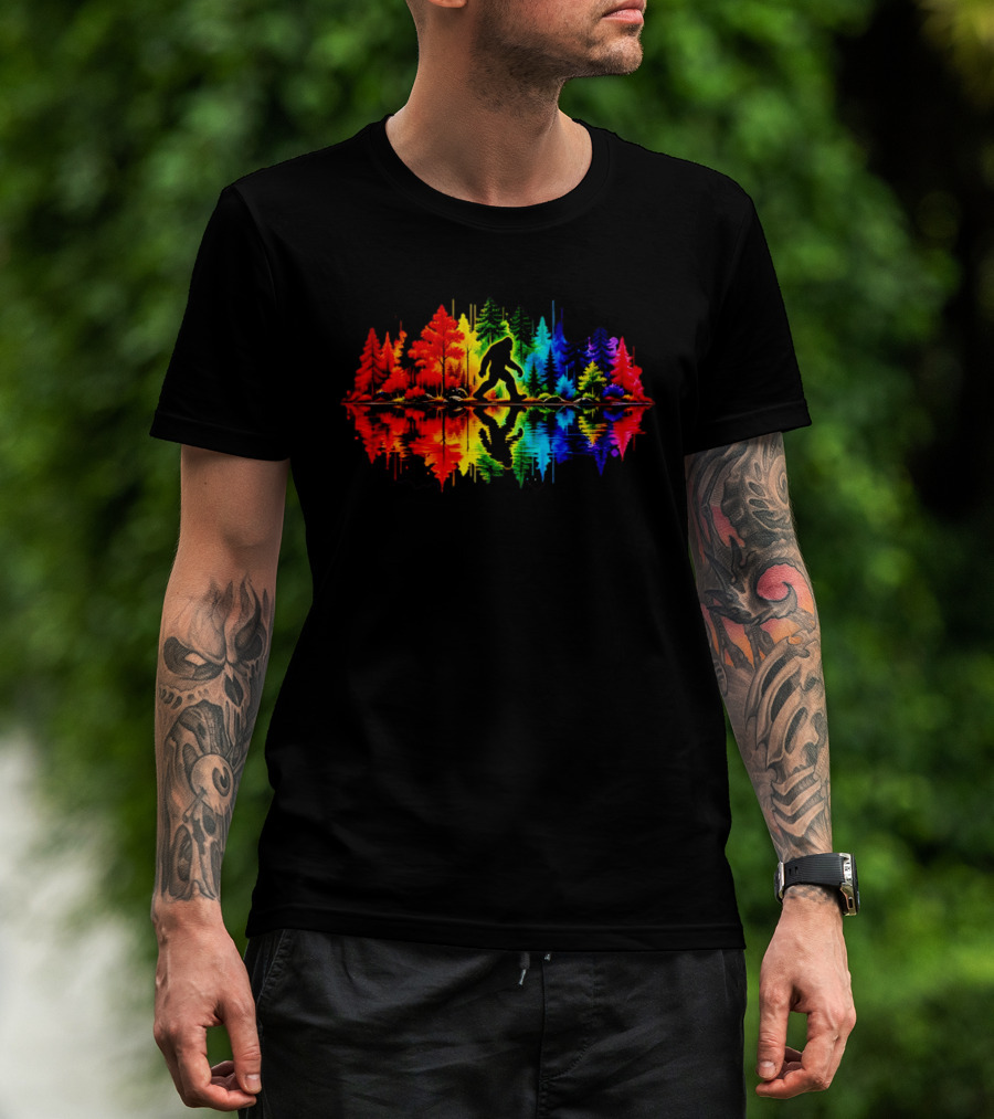 Rainbow Bigfoot Forest Reflection T-Shirt