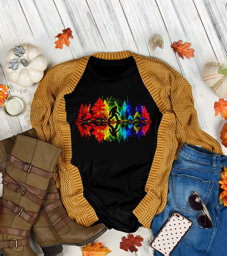 Rainbow Bigfoot Forest Reflection T-Shirt