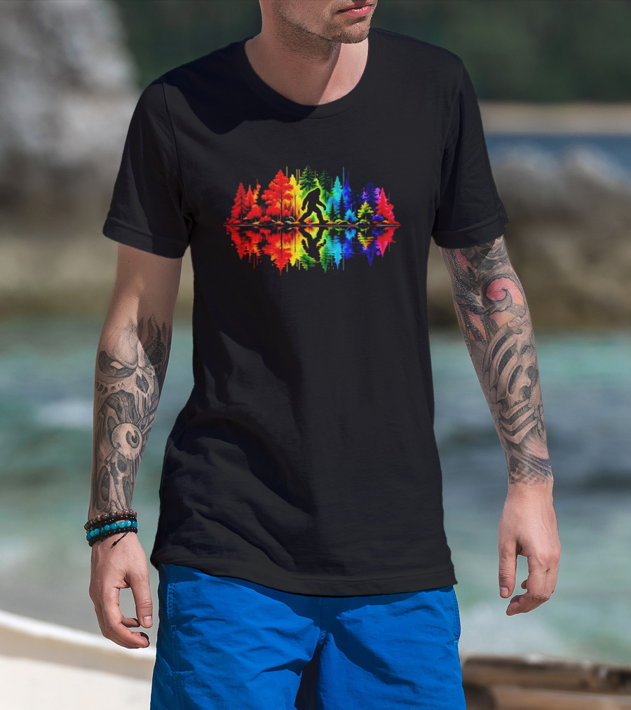 Rainbow Bigfoot Forest Reflection T-Shirt