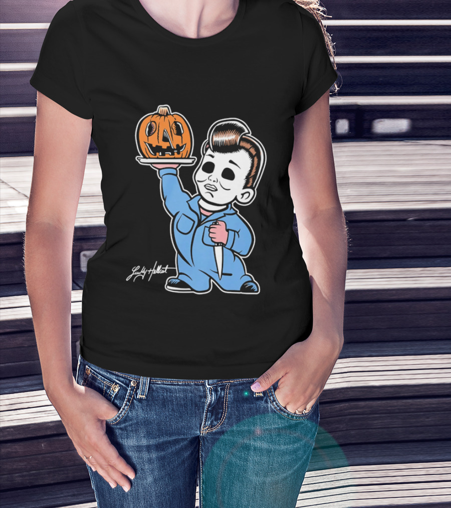 Lucky Hellcat Michael Myers Cartoon Pumpkin Knife Caricature T-Shirt