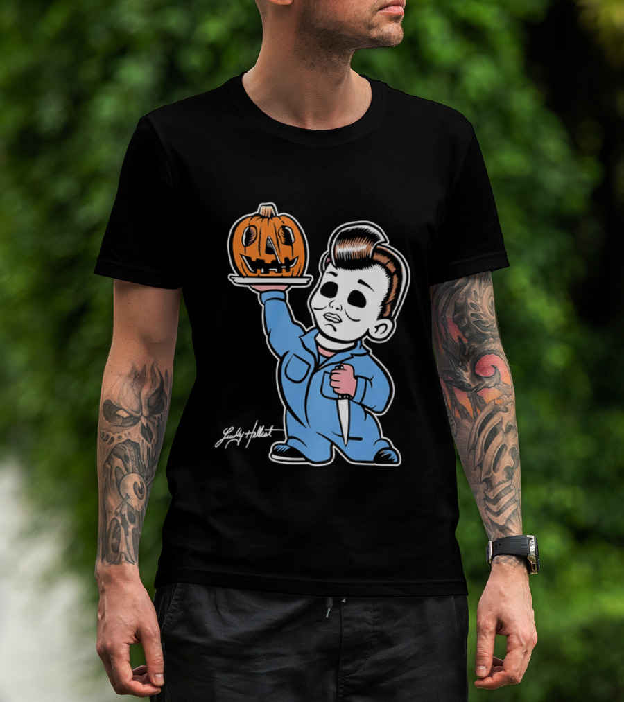 Lucky Hellcat Michael Myers Cartoon Pumpkin Knife Caricature T-Shirt