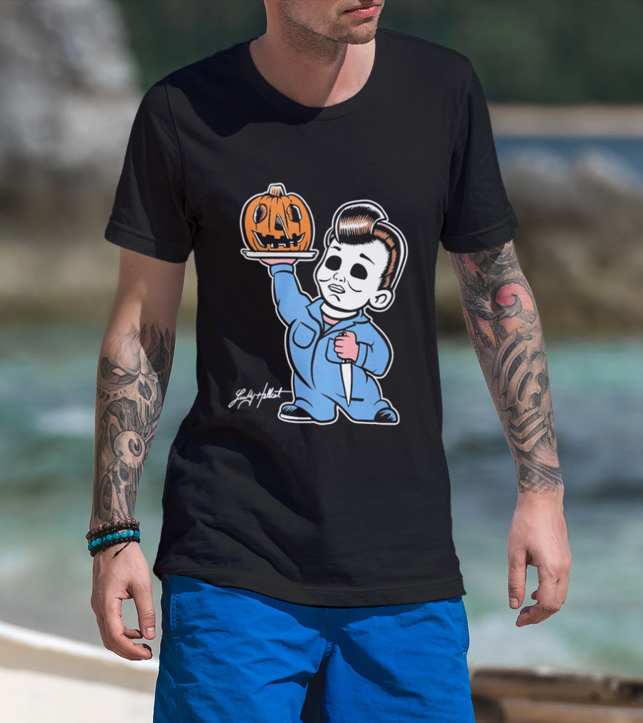 Lucky Hellcat Michael Myers Cartoon Pumpkin Knife Caricature T-Shirt