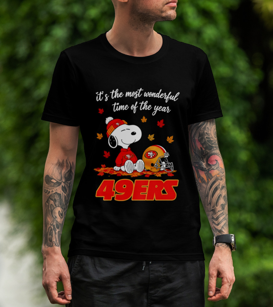 San Francisco 49ers Snoopy Beanie Autumn Leaves Most Wonderful Time T-Shirt
