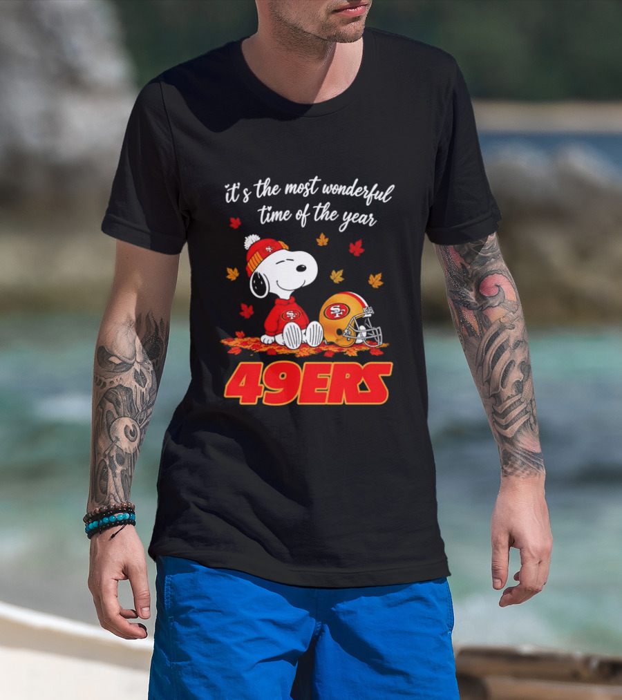 San Francisco 49ers Snoopy Beanie Autumn Leaves Most Wonderful Time T-Shirt
