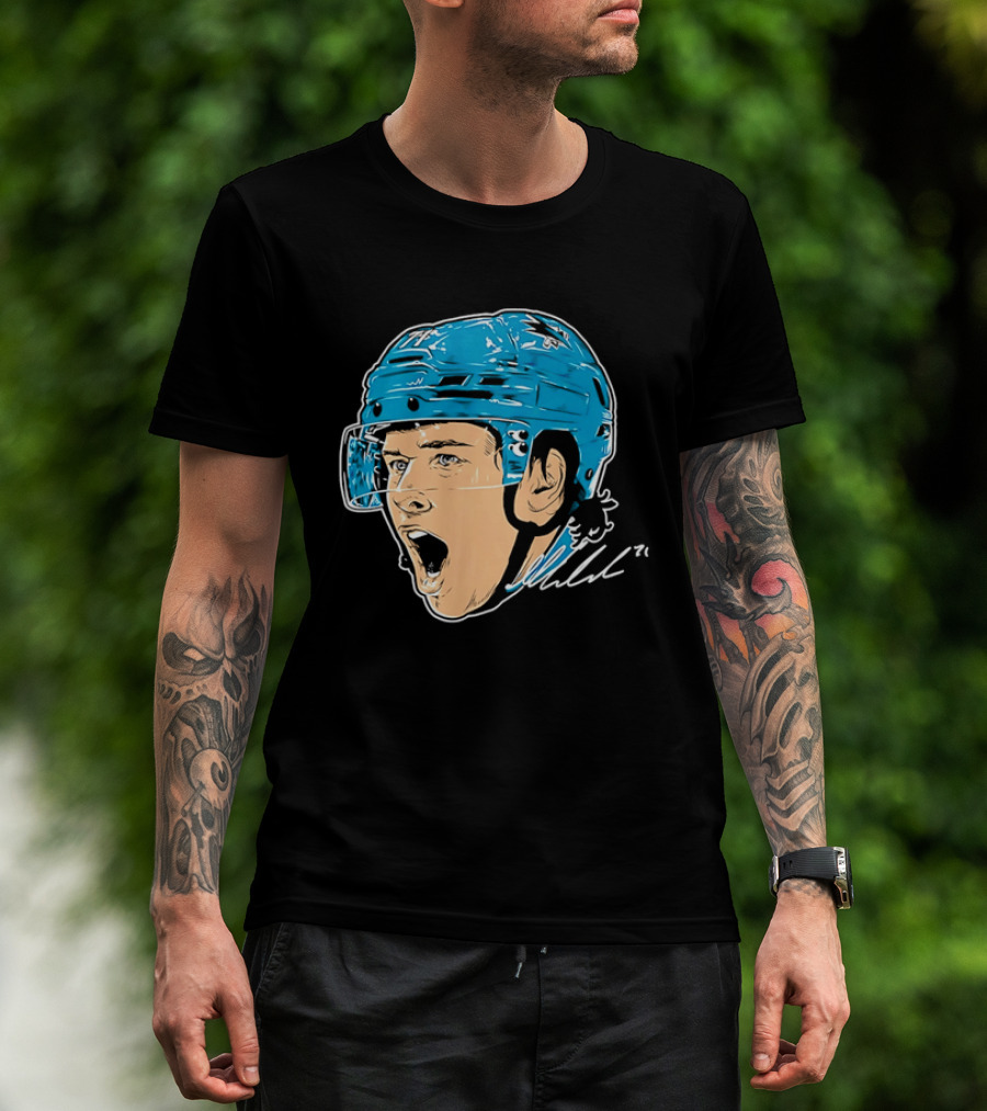 San Jose Sharks NHL 71 Yelling Hockey Player Helmet Caricature T-Shirt