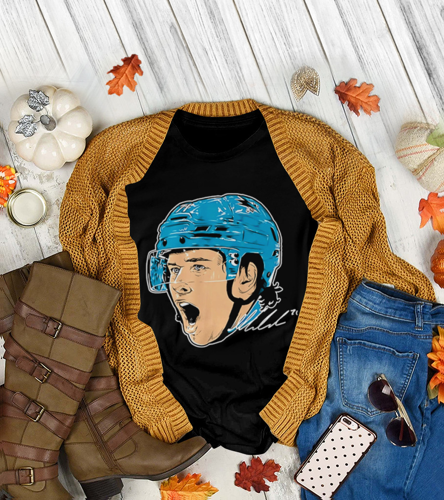 San Jose Sharks NHL 71 Yelling Hockey Player Helmet Caricature T-Shirt