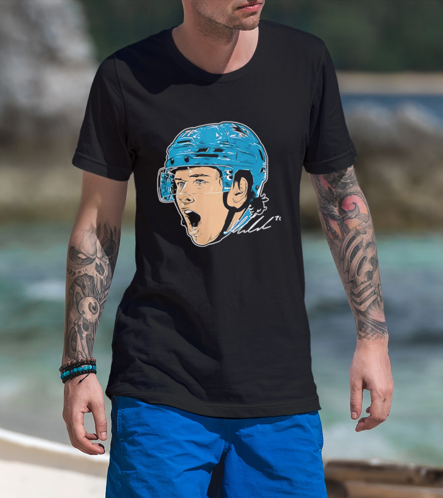 San Jose Sharks NHL 71 Yelling Hockey Player Helmet Caricature T-Shirt