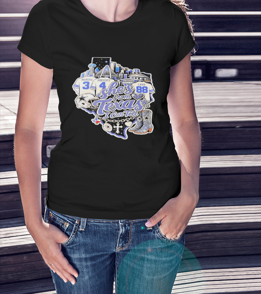 She's From Texas I Can Tell Pickens Prescott Lamb Dallas Cowboys Boots AT&T Stadium T-Shirt