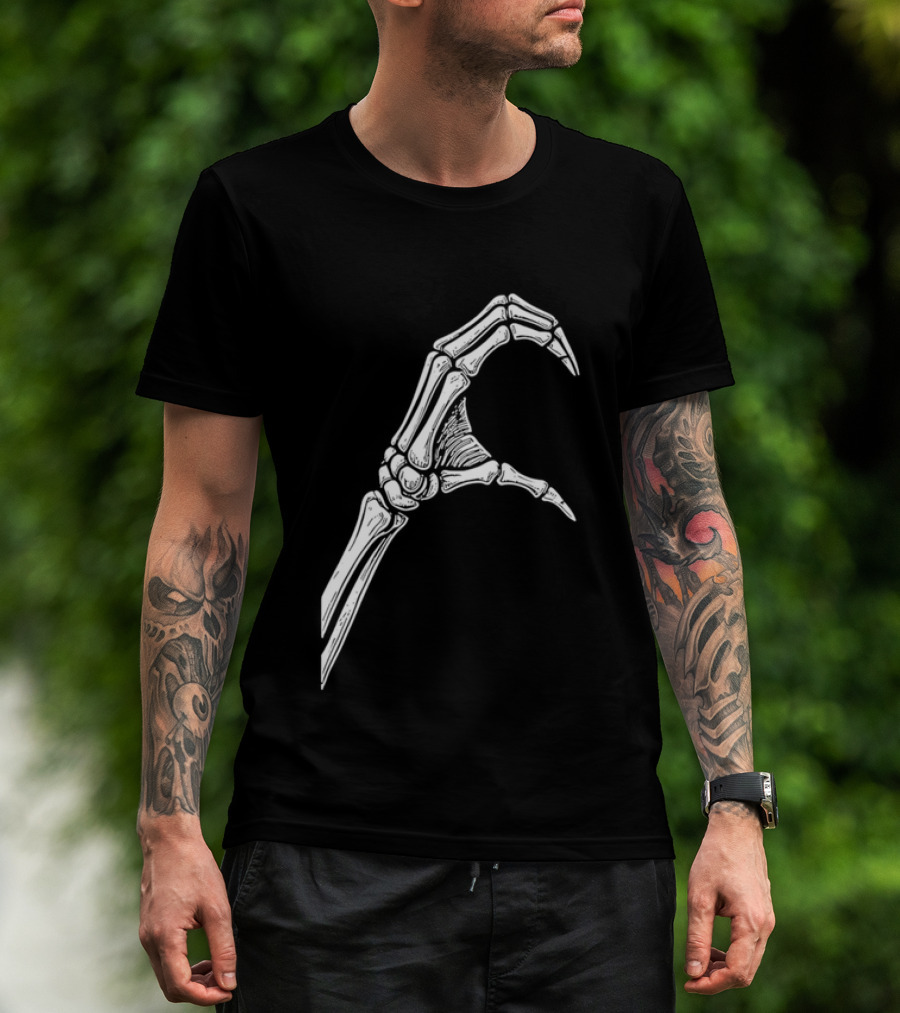 Skeleton Bone Hand Half Heart Gesture Line Sketch T-Shirt