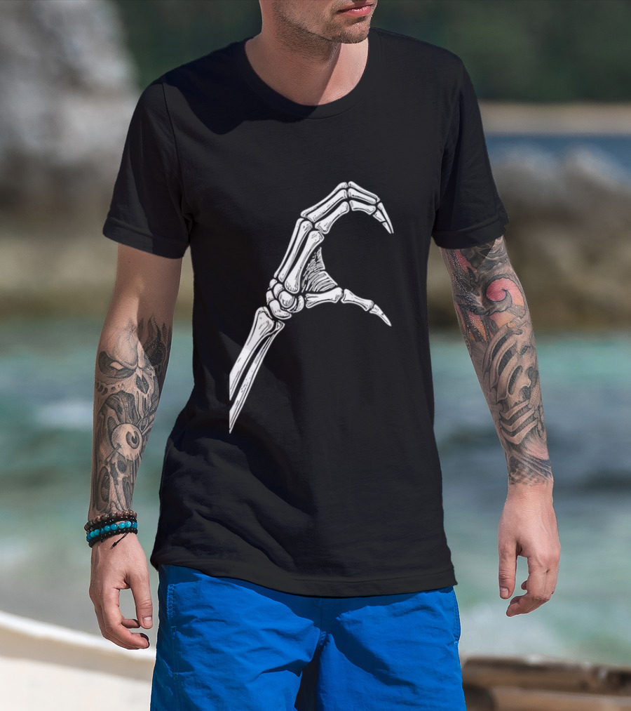Skeleton Bone Hand Half Heart Gesture Line Sketch T-Shirt