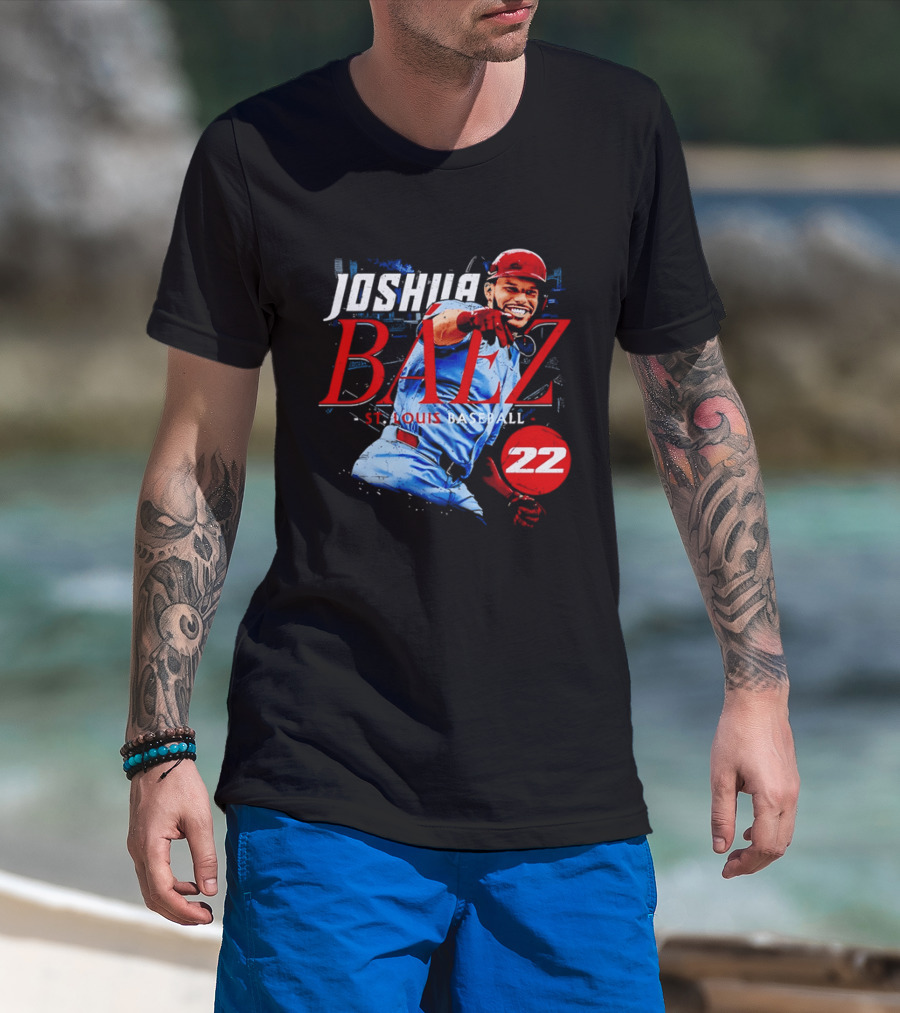 Joshua Baez 22 St Louis Baseball Red Helmet Distressed Photo T-Shirt