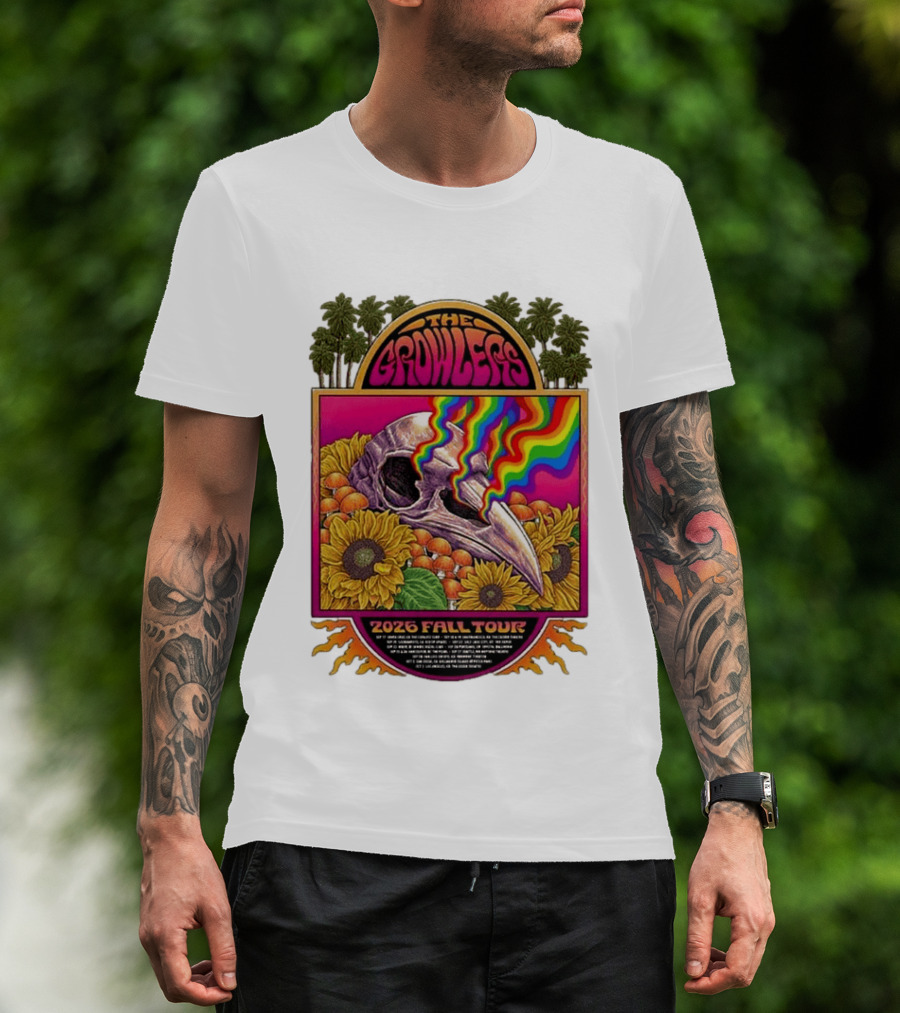 The Growlers 2026 Fall Tour Skull And Sunflower Psychedelic West Coast Dates Santa Cruz To Los Angeles T-Shirt