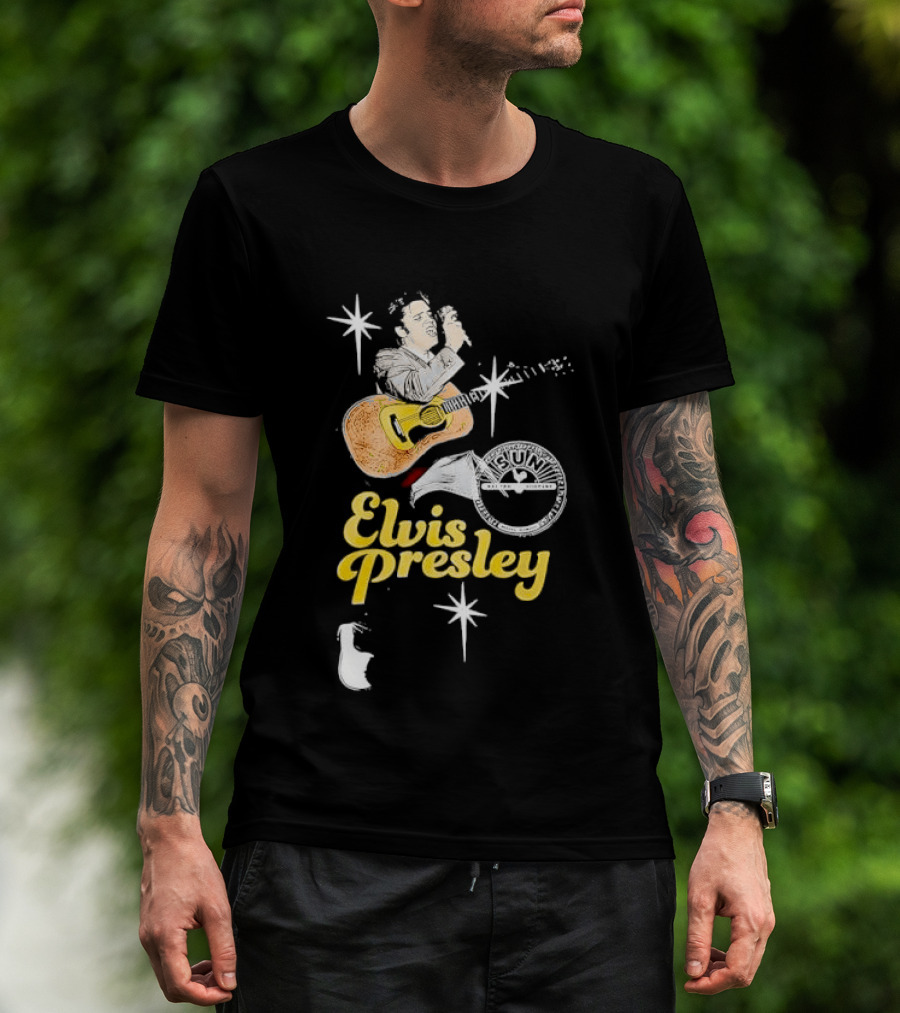 Sun Record Company Elvis Presley Playing Acoustic Guitar Starbursts T-Shirt