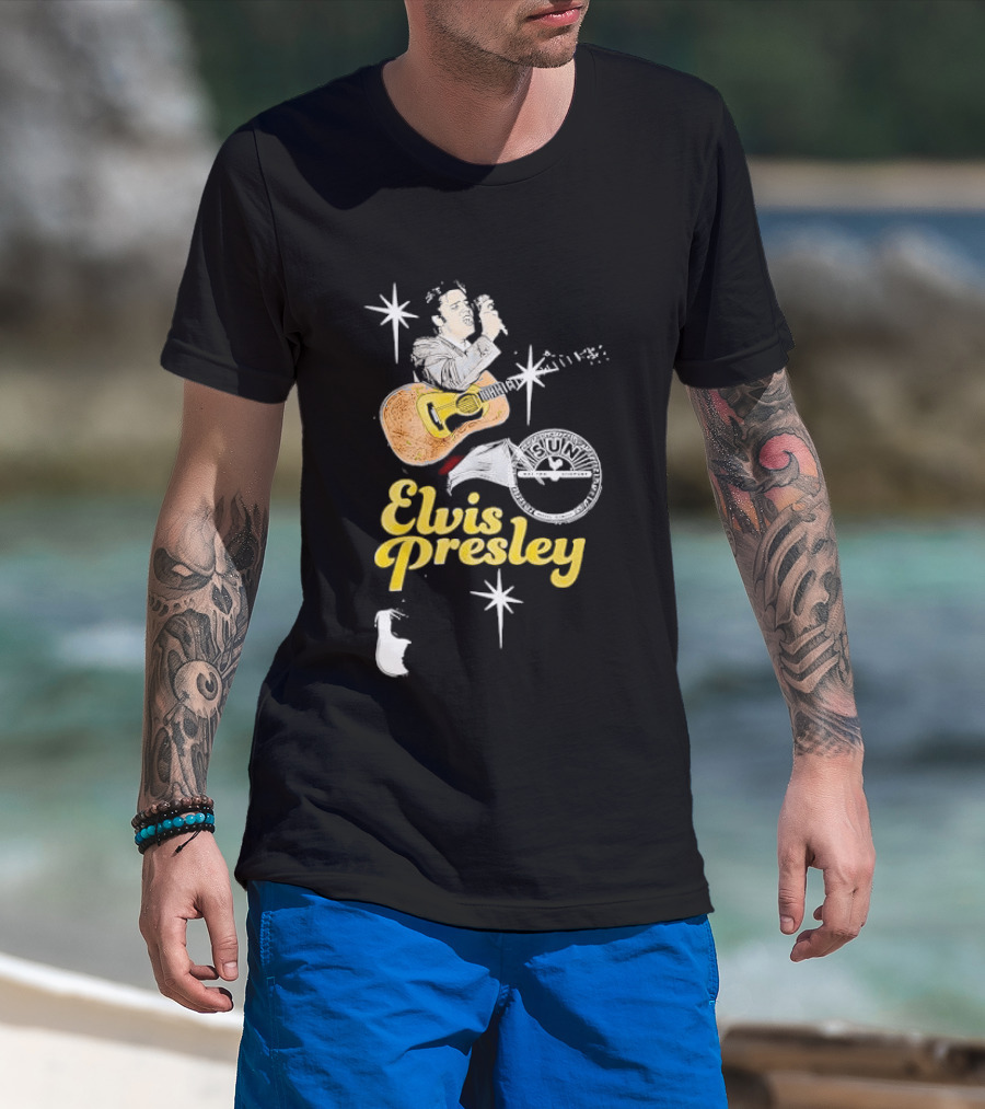 Sun Record Company Elvis Presley Playing Acoustic Guitar Starbursts T-Shirt