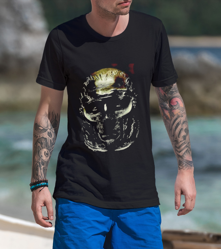 Dark Metallic Sculpted Skull Mask With Stylized Roman T-Shirt