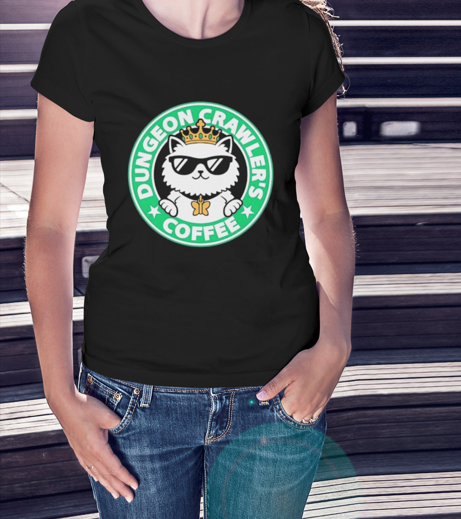 Dungeon Crawlers Coffee White Cat Crown Sunglasses T-Shirt