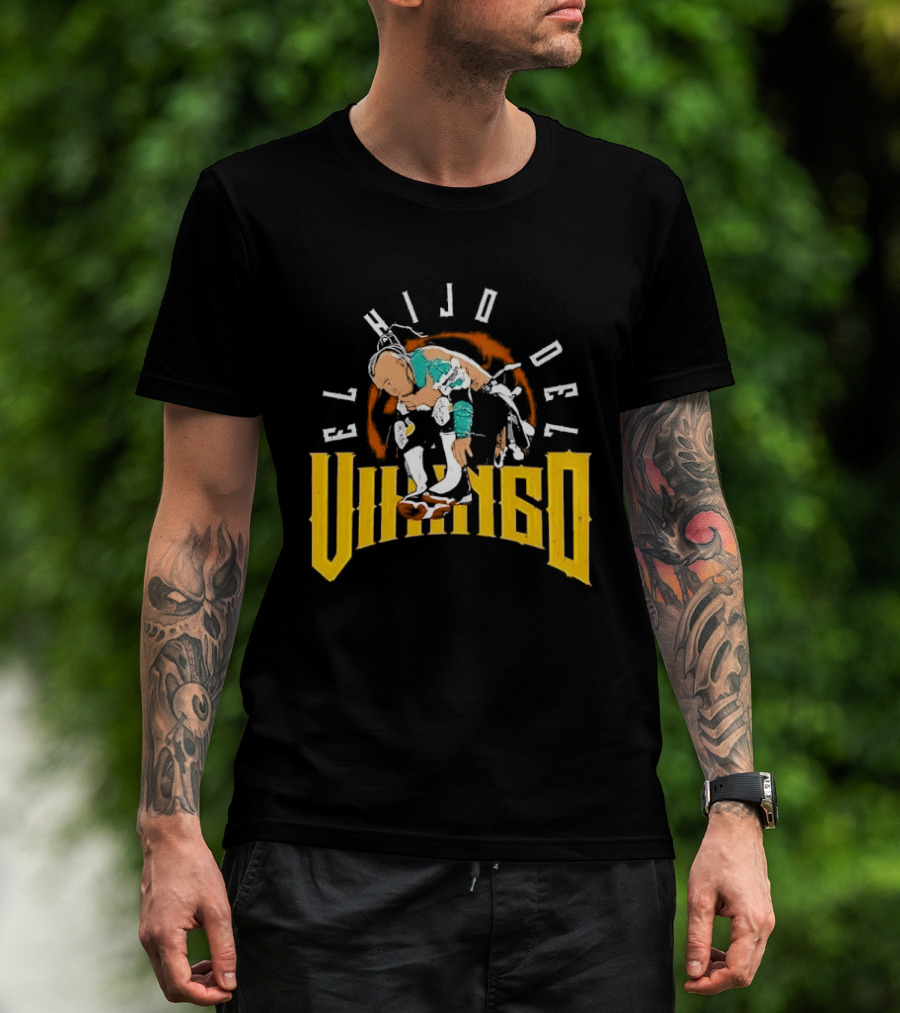 El Hijo Del Vikingo Crouching Wrestler Brown Yellow Text And Image T-Shirt