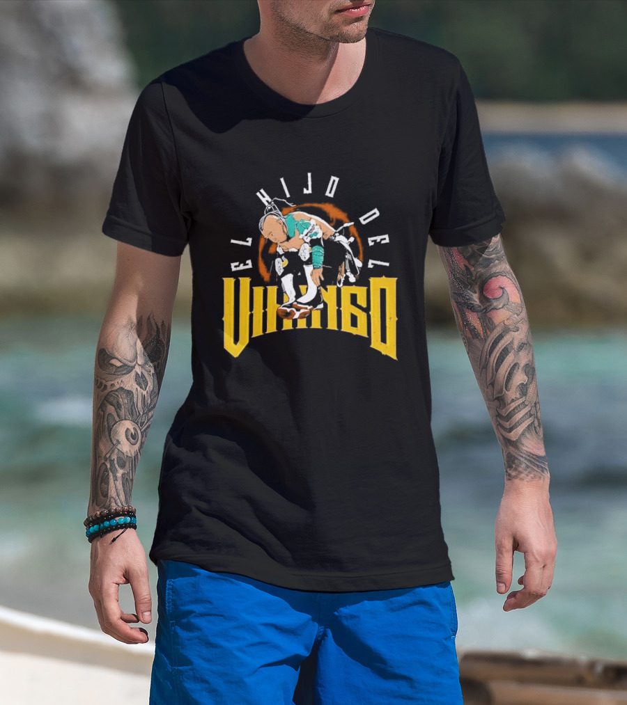 El Hijo Del Vikingo Crouching Wrestler Brown Yellow Text And Image T-Shirt