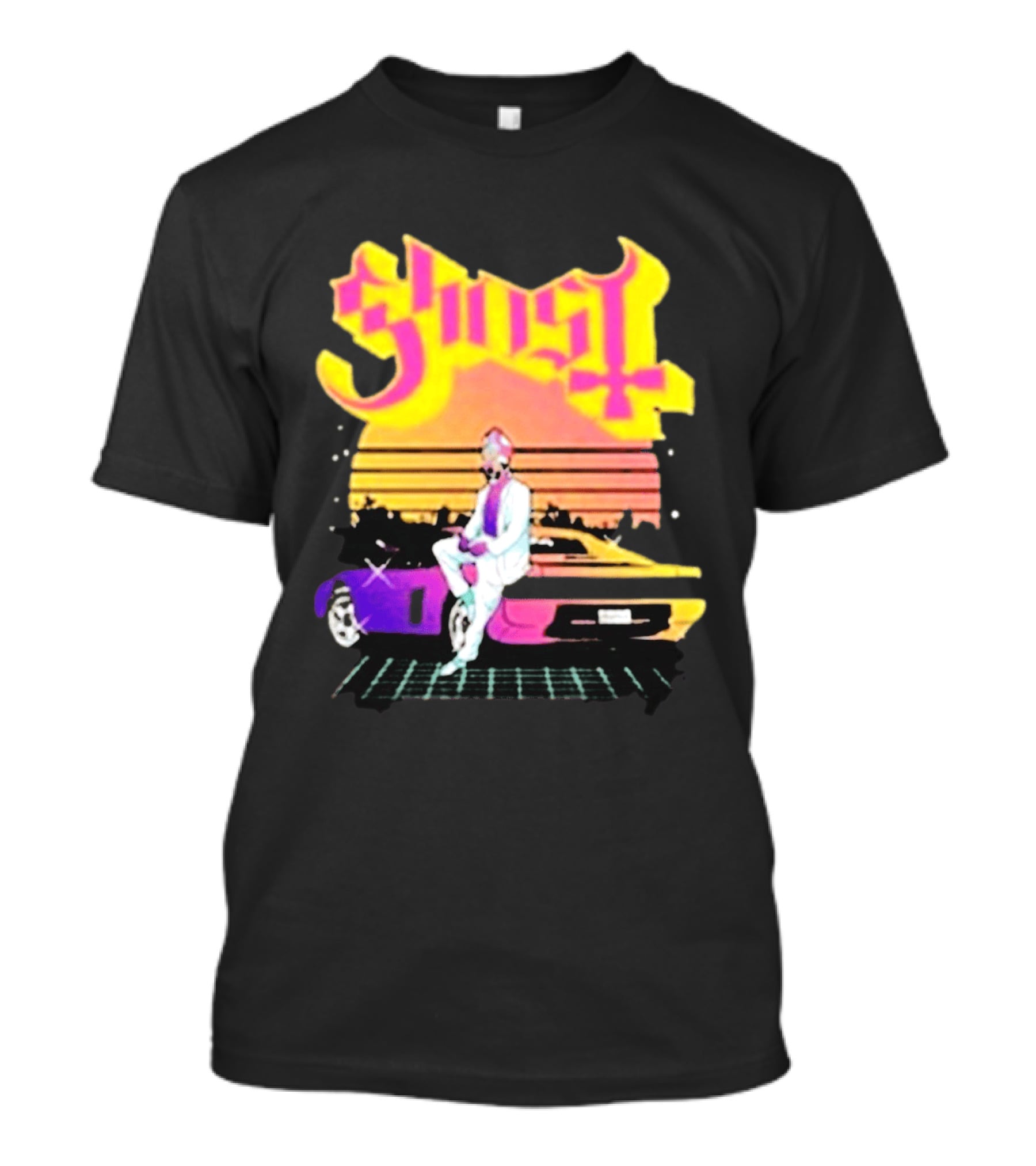 Ghost Miami Vice Retro Sunset Car Scene T-Shirt