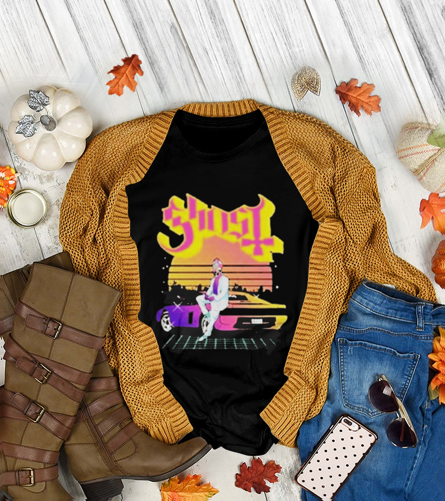 Ghost Miami Vice Retro Sunset Car Scene T-Shirt