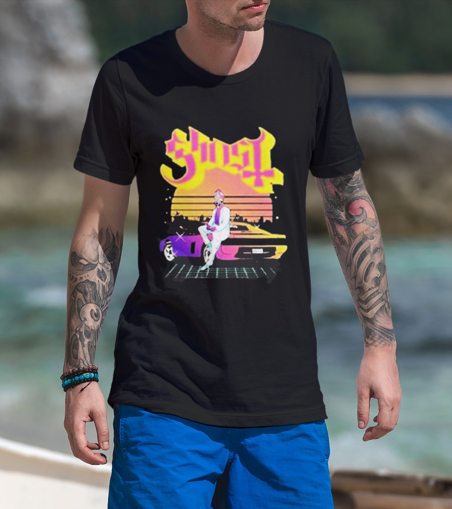 Ghost Miami Vice Retro Sunset Car Scene T-Shirt