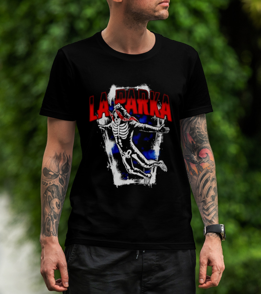 LA Parka Masked Skeleton Wrestler Jumping Distressed Frame T-Shirt