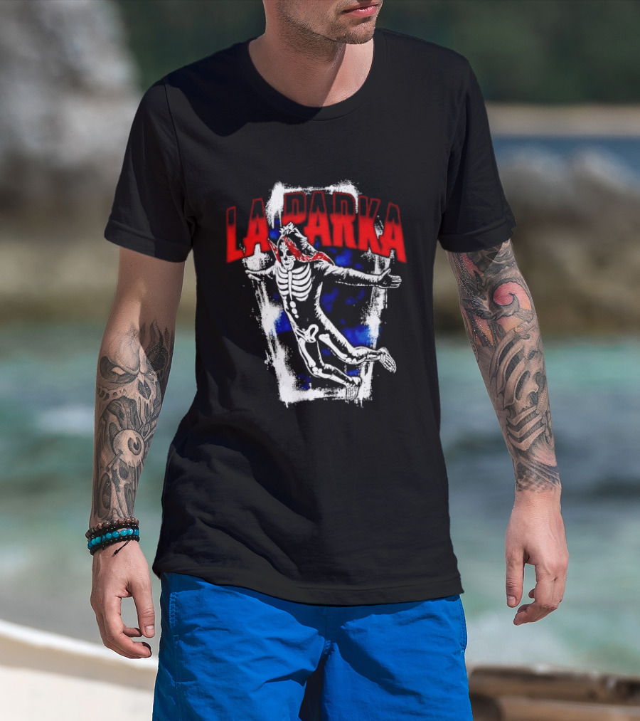 LA Parka Masked Skeleton Wrestler Jumping Distressed Frame T-Shirt