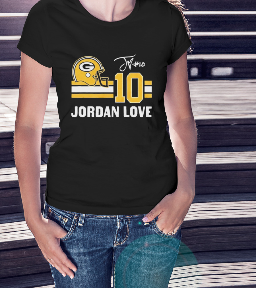 Green Bay Packers Jordan Love 10 Helmet Stripes JM Signature Distressed T-Shirt
