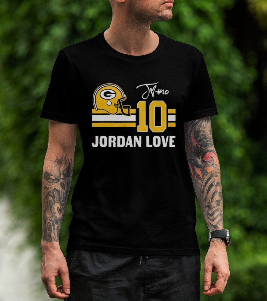Green Bay Packers Jordan Love 10 Helmet Stripes JM Signature Distressed T-Shirt