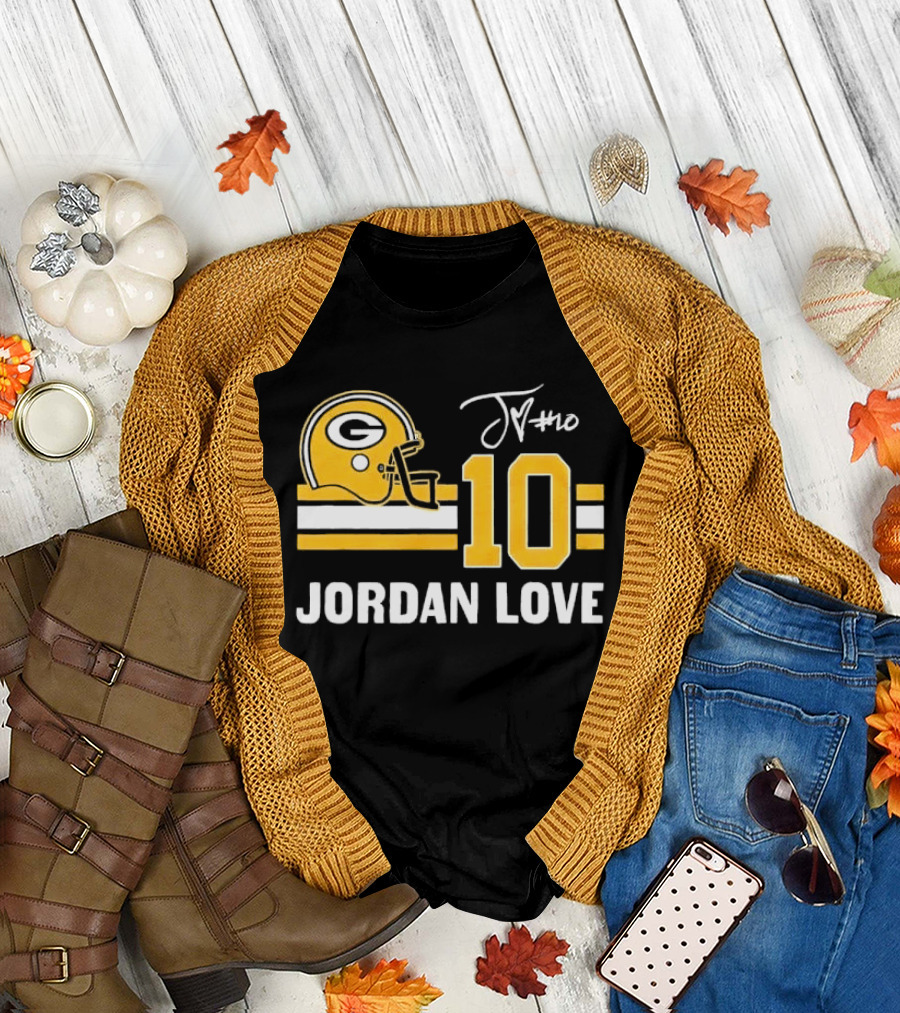 Green Bay Packers Jordan Love 10 Helmet Stripes JM Signature Distressed T-Shirt
