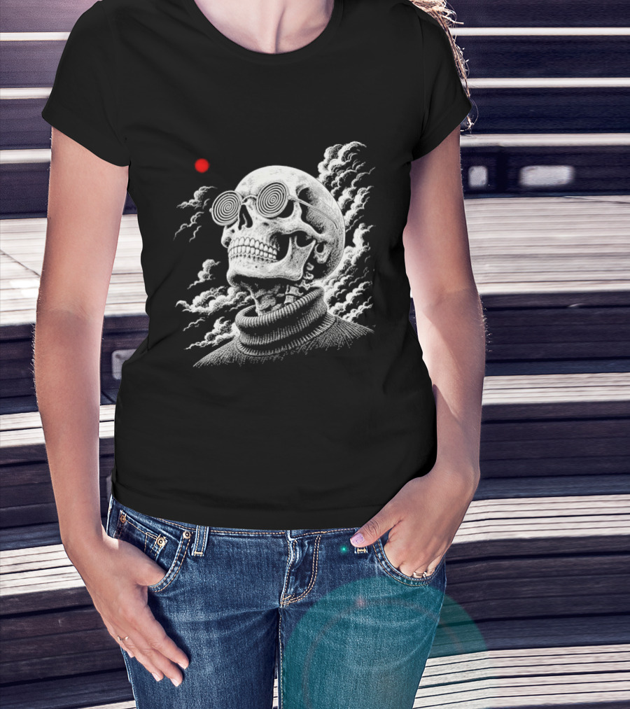 Line Skull Hypnotic Glasses Turtleneck Red Sun Clouds T-Shirt