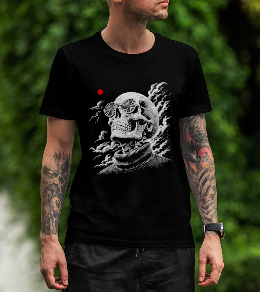 Line Skull Hypnotic Glasses Turtleneck Red Sun Clouds T-Shirt