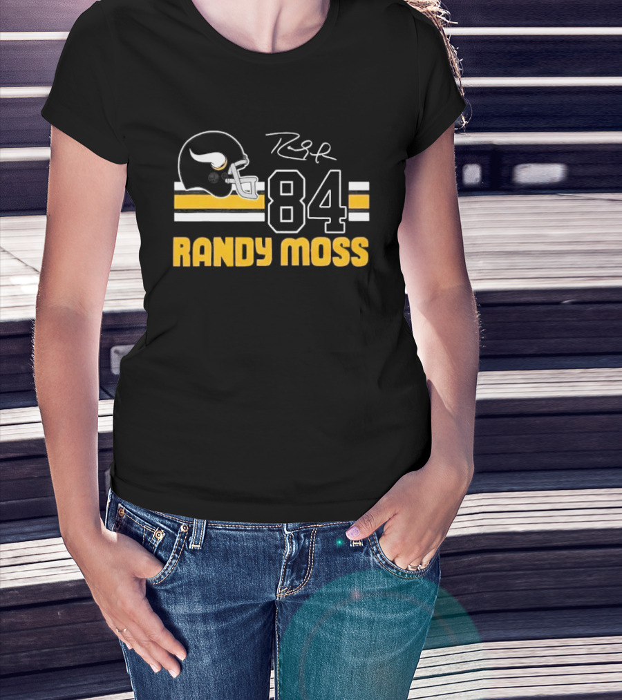 Randy Moss Minnesota Vikings 84 Helmet Stripes Autograph T-Shirt