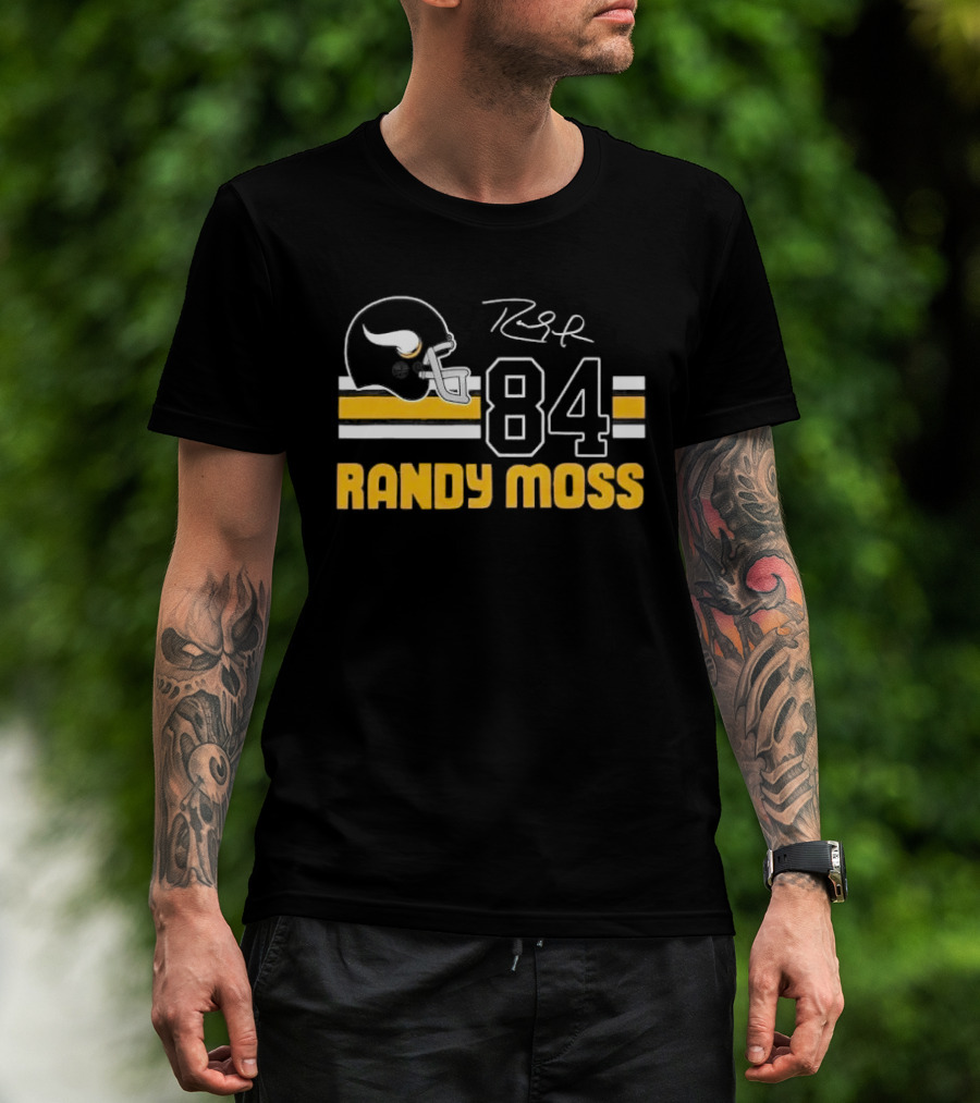 Randy Moss Minnesota Vikings 84 Helmet Stripes Autograph T-Shirt