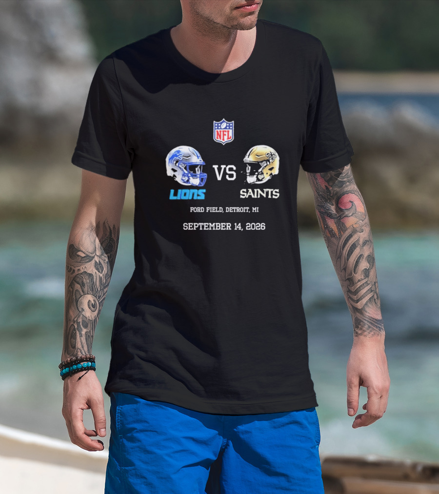 NFL New Orleans Saints Vs Detroit Lions Helmets Ford Field September 14 2026 T-Shirt
