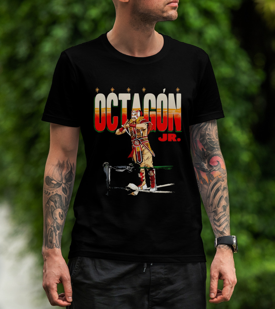 Octagon Jr Masked Lucha Libre Wrestler Ring Ropes Stars Distressed T-Shirt