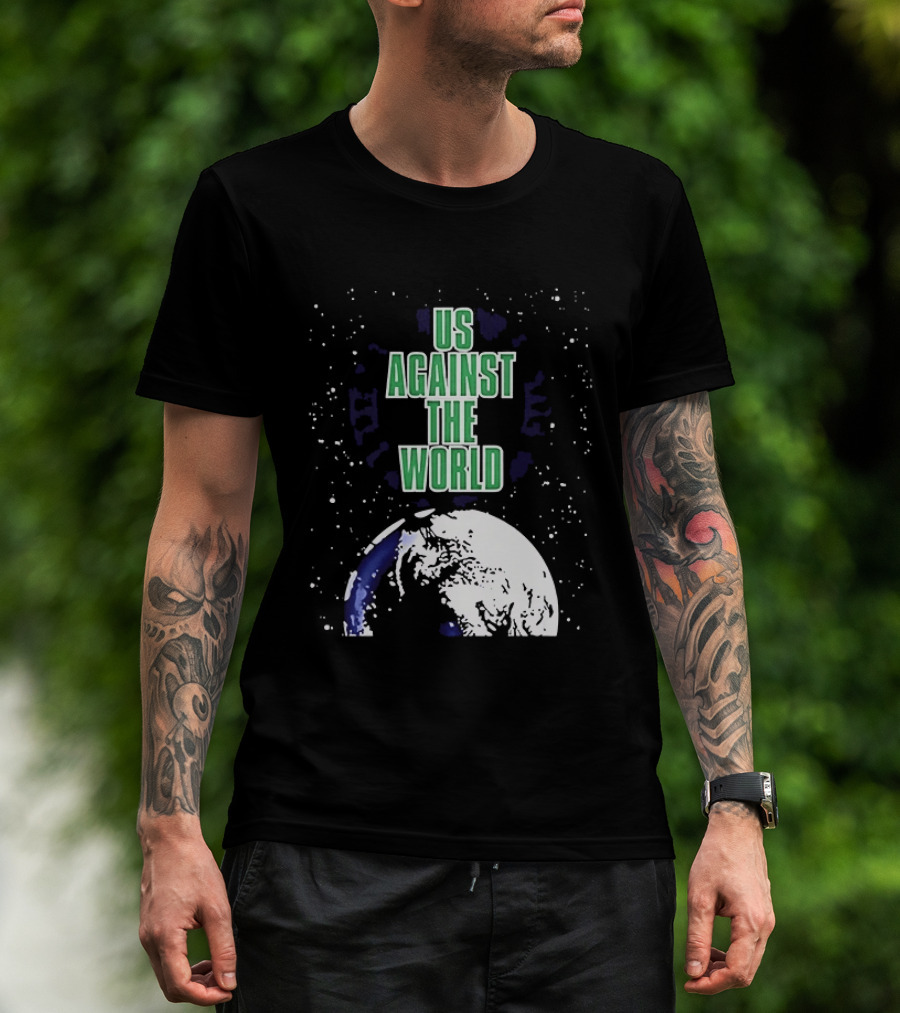 Boston Celtics Us Against The World Green Text Earth Motif T-Shirt