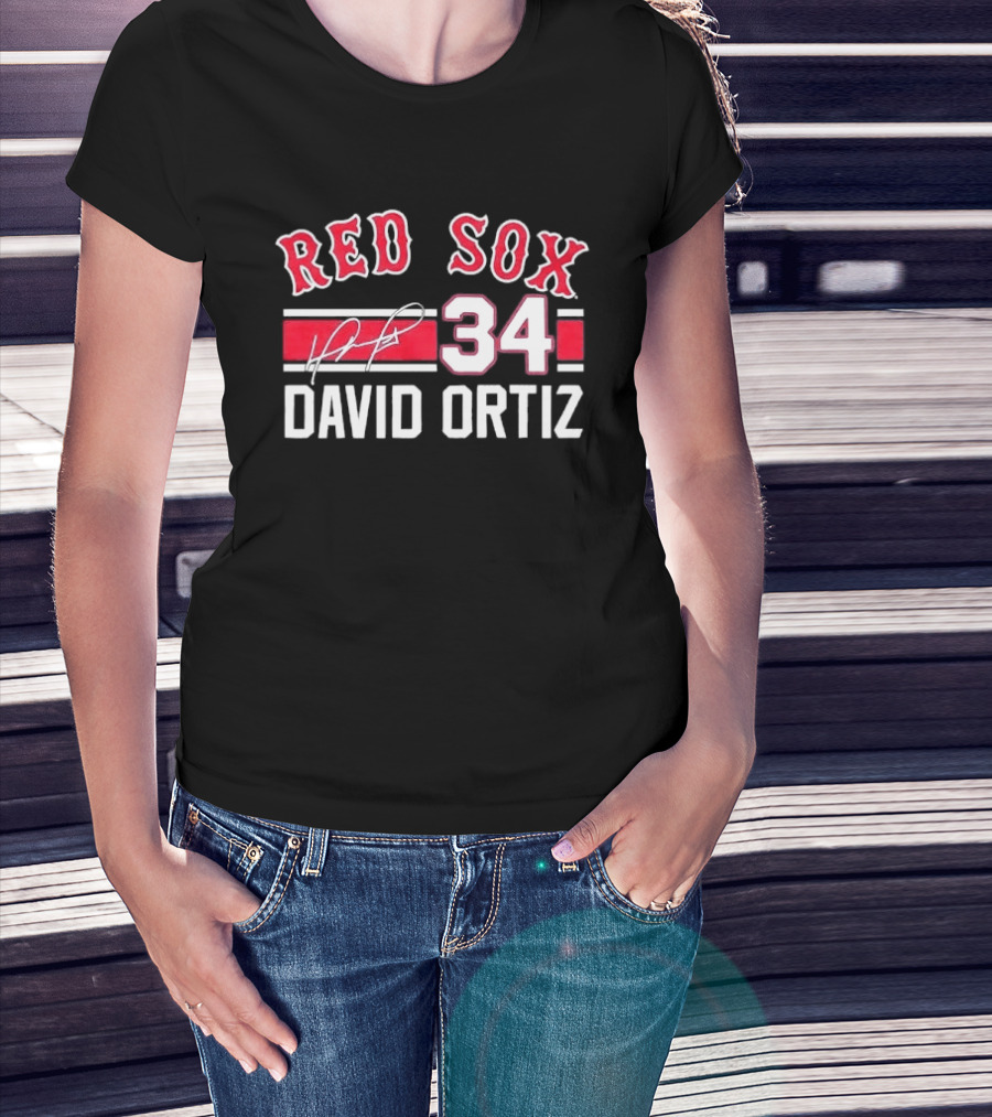 Red Sox MLB David Ortiz 34 White Stripes Distressed T-Shirt