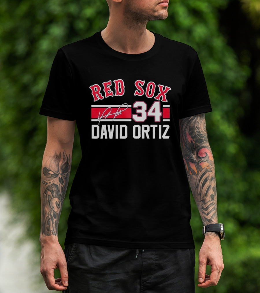 Red Sox MLB David Ortiz 34 White Stripes Distressed T-Shirt