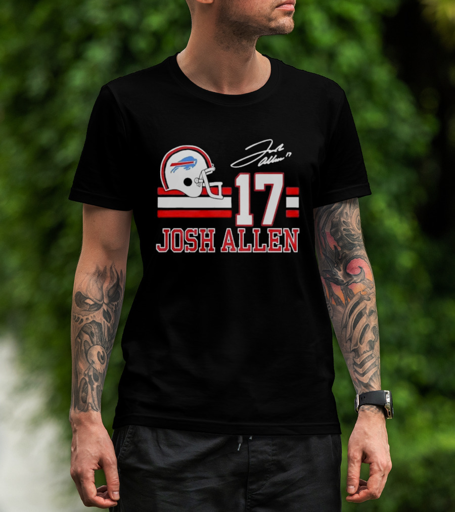 Josh Allen 17 Buffalo Bills Helmet Red Stripes Distressed T-Shirt