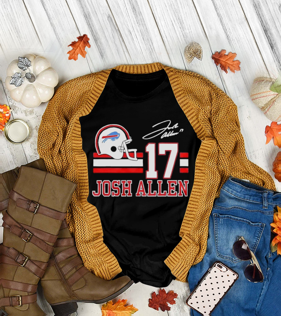 Josh Allen 17 Buffalo Bills Helmet Red Stripes Distressed T-Shirt