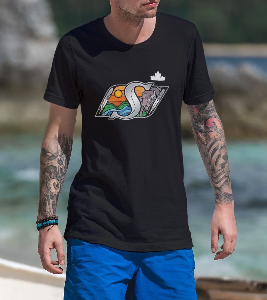 Saskatchewan Roughriders 2025 Indigenous Heritage Special Buffalo Sunrise Feather River T-Shirt