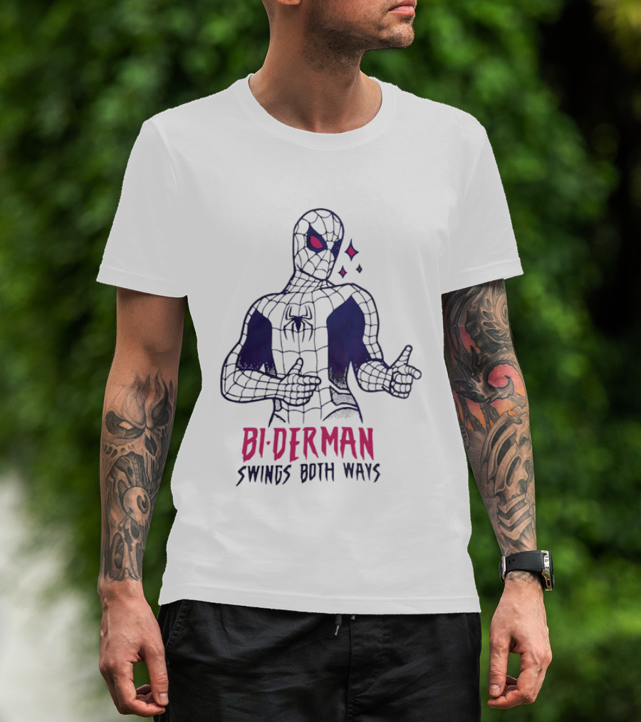 Bi Derman Swings Both Ways Spider Man LGBTQ Superhero T-Shirt