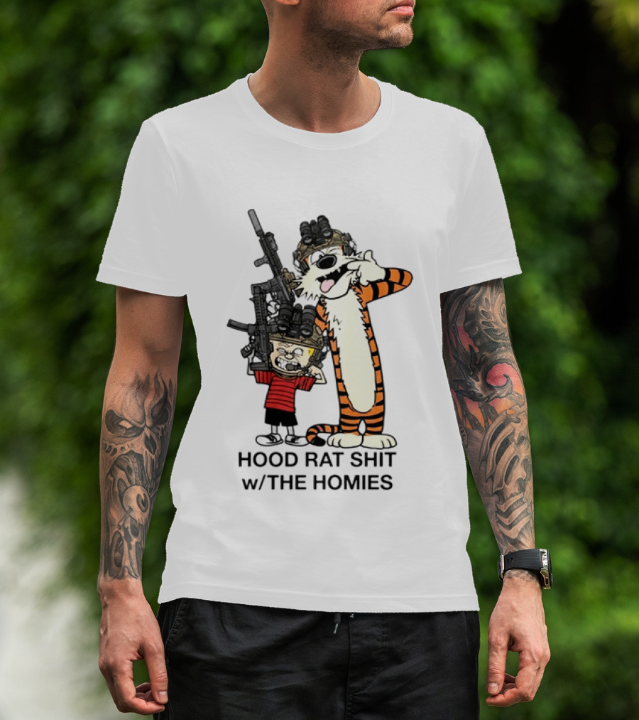 Calvin And Hobbes Hood Rat Shit W The Homies Rifle Helmets T-Shirt