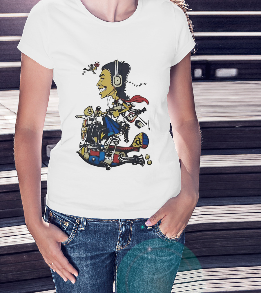 Cartoon Caricature Man With Headphones Riding Flying Rocket Airplane T-Shirt