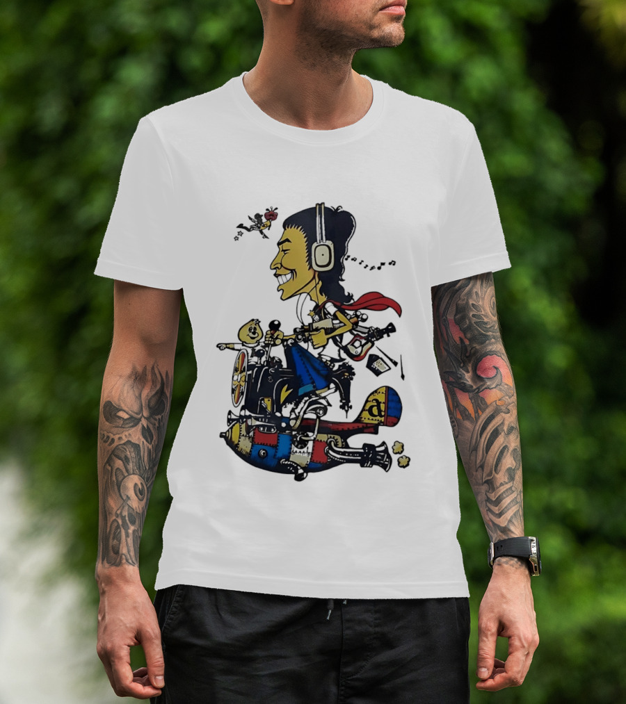 Cartoon Caricature Man With Headphones Riding Flying Rocket Airplane T-Shirt