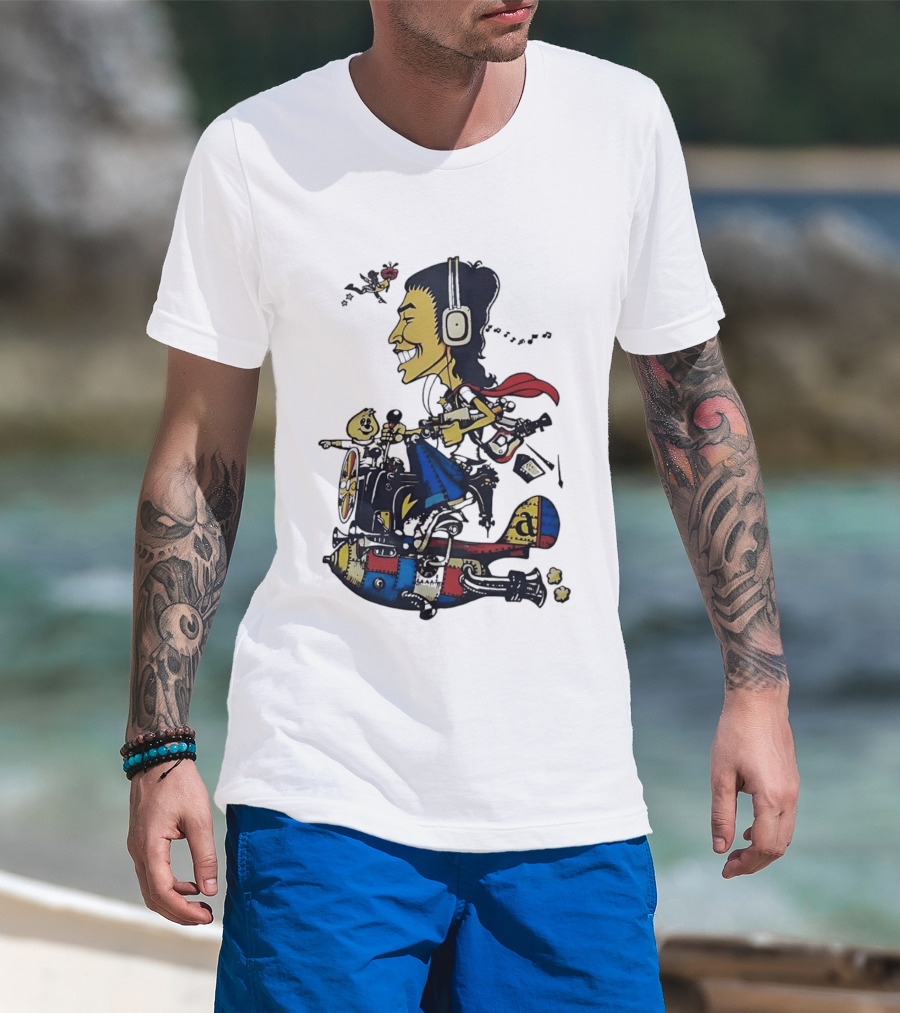 Cartoon Caricature Man With Headphones Riding Flying Rocket Airplane T-Shirt