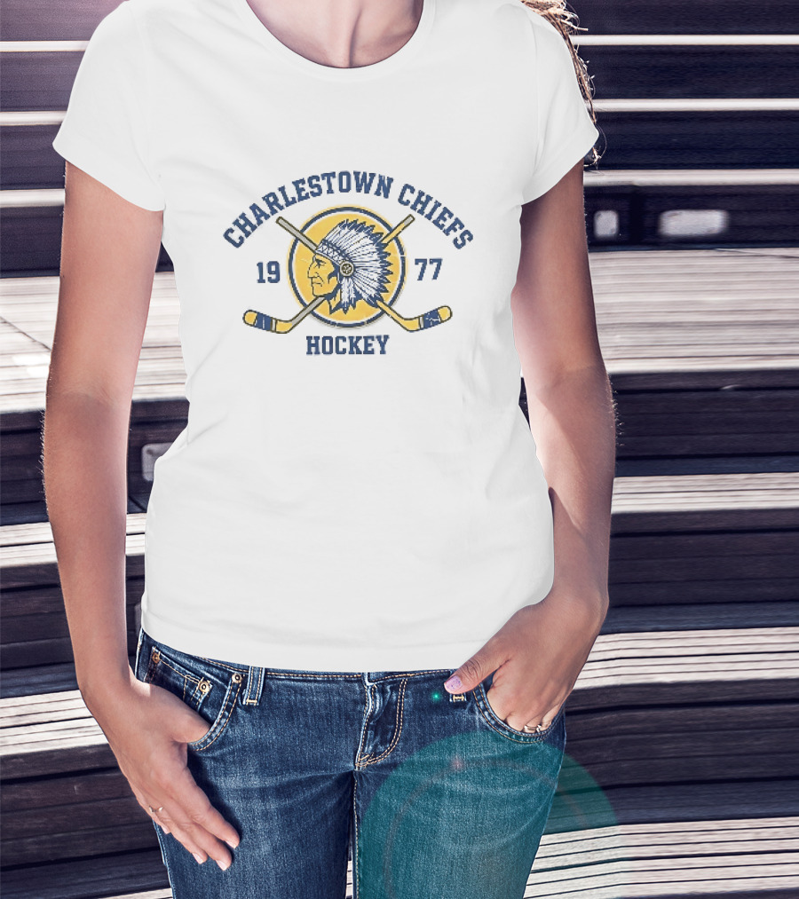 Charlestown Chiefs 1977 Hockey Team Logo With Vintage Native American Head And Crossed Hockey Sticks T-Shirt
