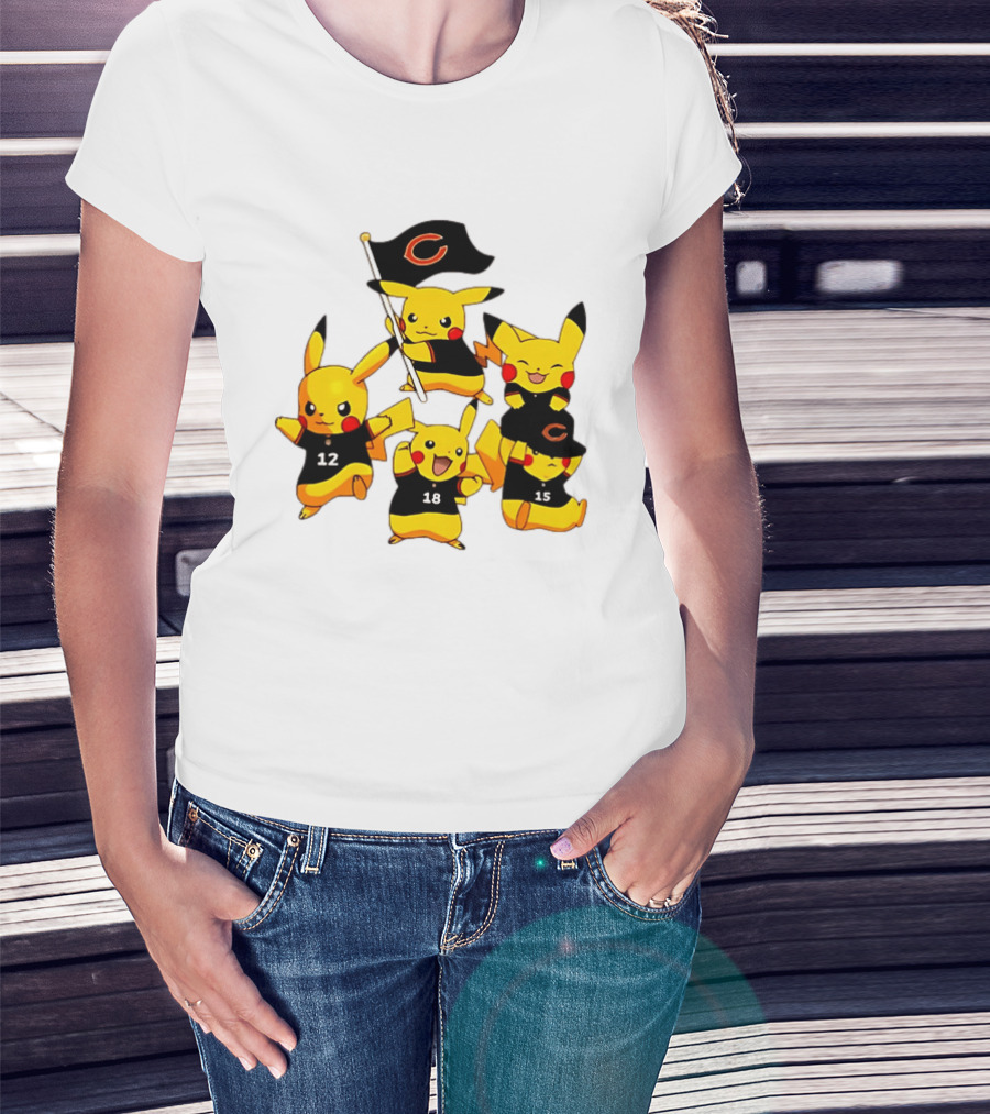 Chicago Bears Pikachu Fan Squad With Flag And Jerseys T-Shirt