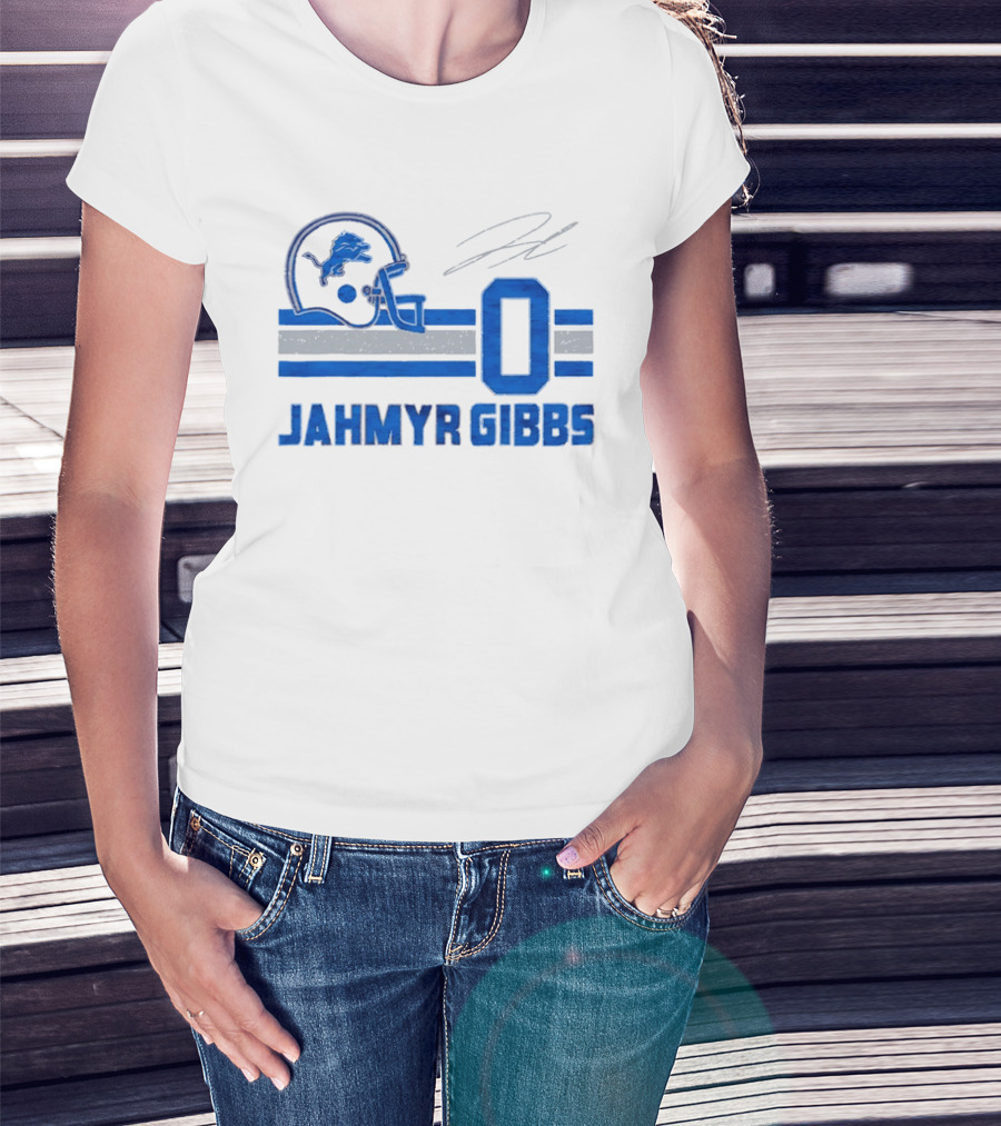 Detroit Lions Jahmyr Gibbs Zero Helmet Number Stripes Distressed T-Shirt